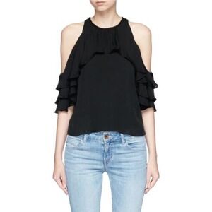 ALICE + OLIVIA 'IDALLA' RUFFLE COLD SHOULDER SILK CHIFFON TOP XS